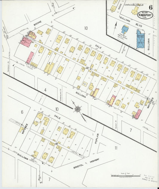 Sanborn Fire Insurance Map from Kingsport, Sullivan County, Tennessee (1919), Sheet #0006 - Historic Sanborn Fire Insurance Map Print, vintage old map wall art, antique decor, genealogy gift, Tennessee Tennessee map