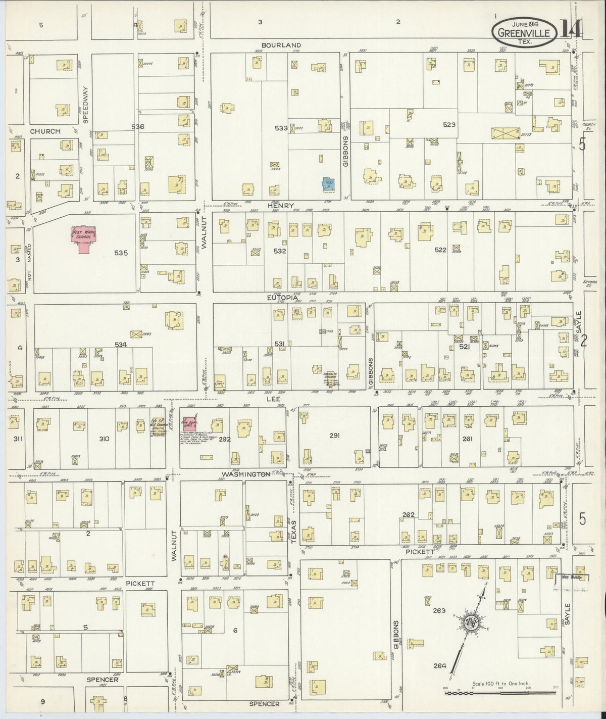 Sanborn Fire Insurance Map from Greenville, Hunt County, Texas (1914), Sheet #0014 - Complete Map Set gallery image, historic Sanborn map, vintage wall art, Texas Texas