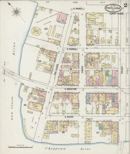 Sanborn Fire Insurance Map from Eau Claire, Eau Claire County, Wisconsin (1889), Sheet #0002 - Historic Sanborn Fire Insurance Map Print, vintage old map wall art, antique decor, genealogy gift, Wisconsin Wisconsin map