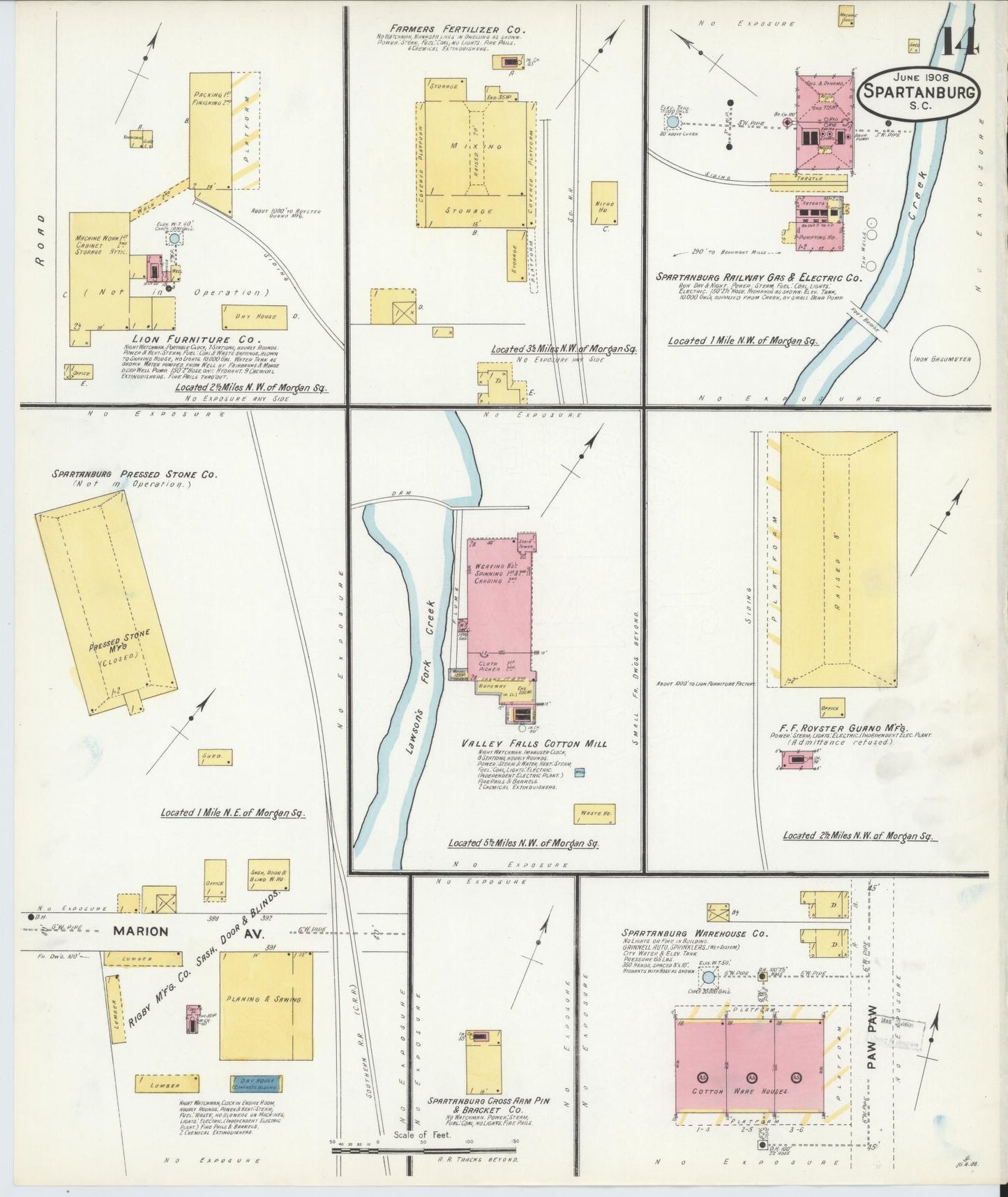 Sanborn Fire Insurance Map from Spartanburg, Spartanburg County, South Carolina (1908), Sheet #0014 - Historic Sanborn Fire Insurance Map Print, vintage old map wall art, antique decor, genealogy gift, South Carolina South Carolina map