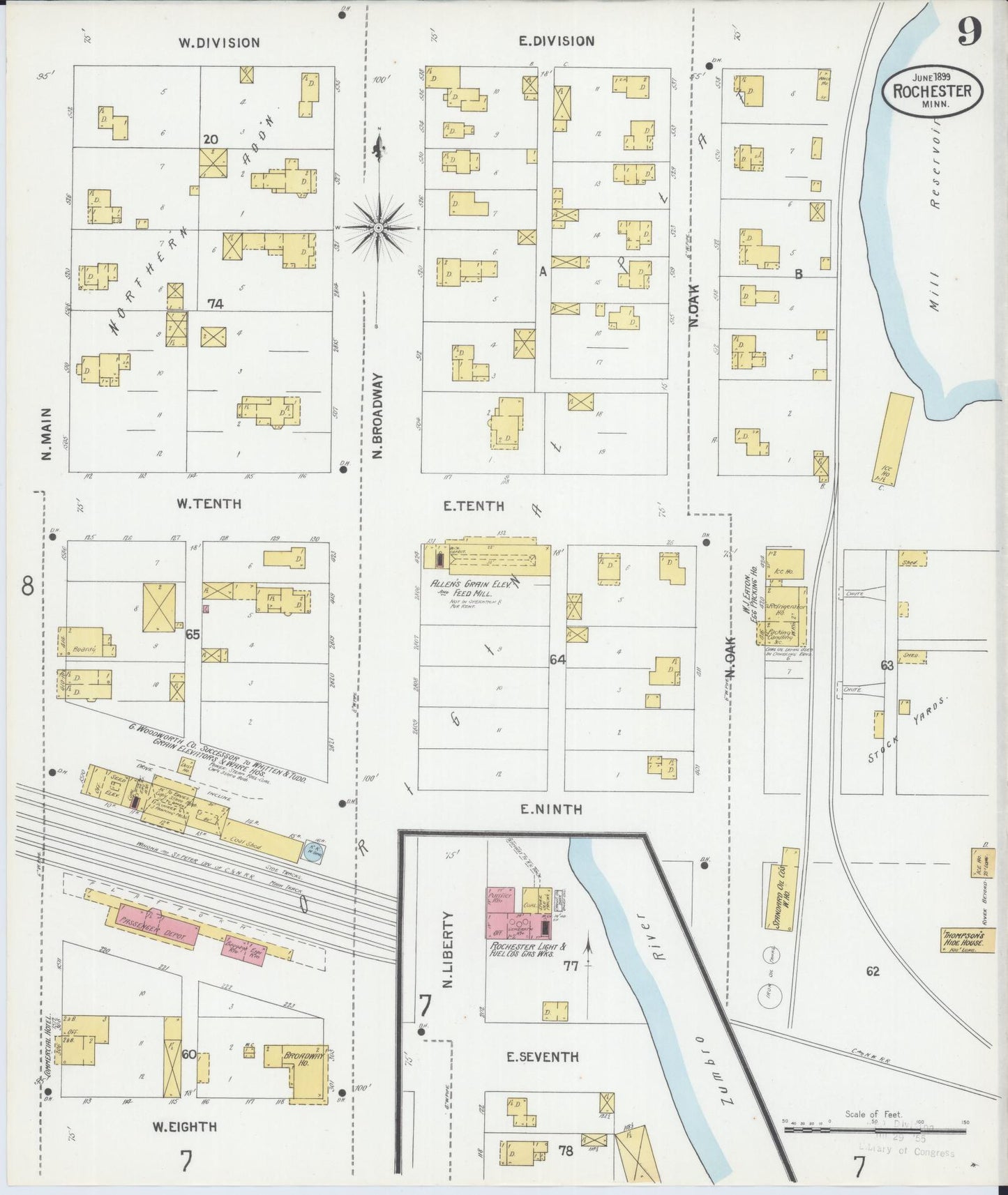 Sanborn Fire Insurance Map from Rochester, Olmsted County, Minnesota (1899), Sheet #0009 - Historic Sanborn Fire Insurance Map Print, vintage old map wall art, antique decor, genealogy gift, Minnesota Minnesota map