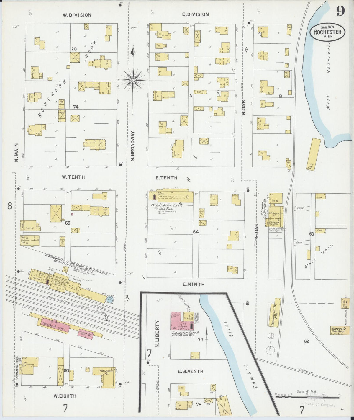 Sanborn Fire Insurance Map from Rochester, Olmsted County, Minnesota (1899), Sheet #0009 - Historic Sanborn Fire Insurance Map Print, vintage old map wall art, antique decor, genealogy gift, Minnesota Minnesota map