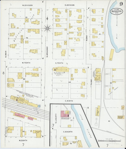 Sanborn Fire Insurance Map from Rochester, Olmsted County, Minnesota (1899), Sheet #0009 - Historic Sanborn Fire Insurance Map Print, vintage old map wall art, antique decor, genealogy gift, Minnesota Minnesota map