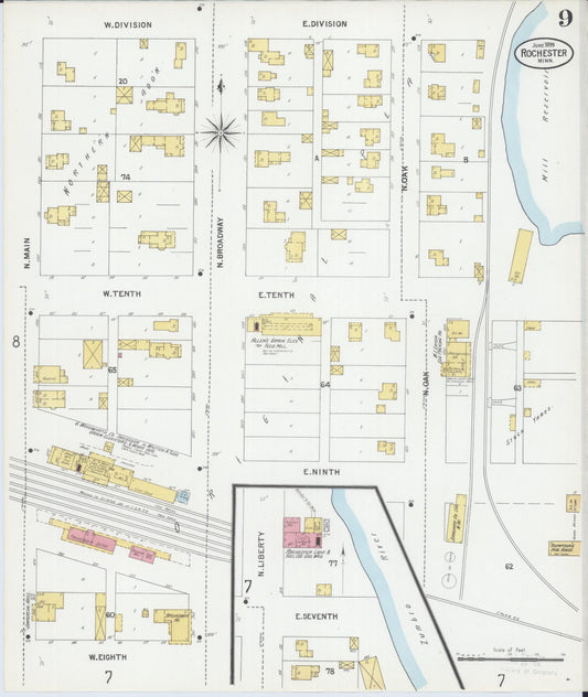Sanborn Fire Insurance Map from Rochester, Olmsted County, Minnesota (1899), Sheet #0009 - Historic Sanborn Fire Insurance Map Print, vintage old map wall art, antique decor, genealogy gift, Minnesota Minnesota map