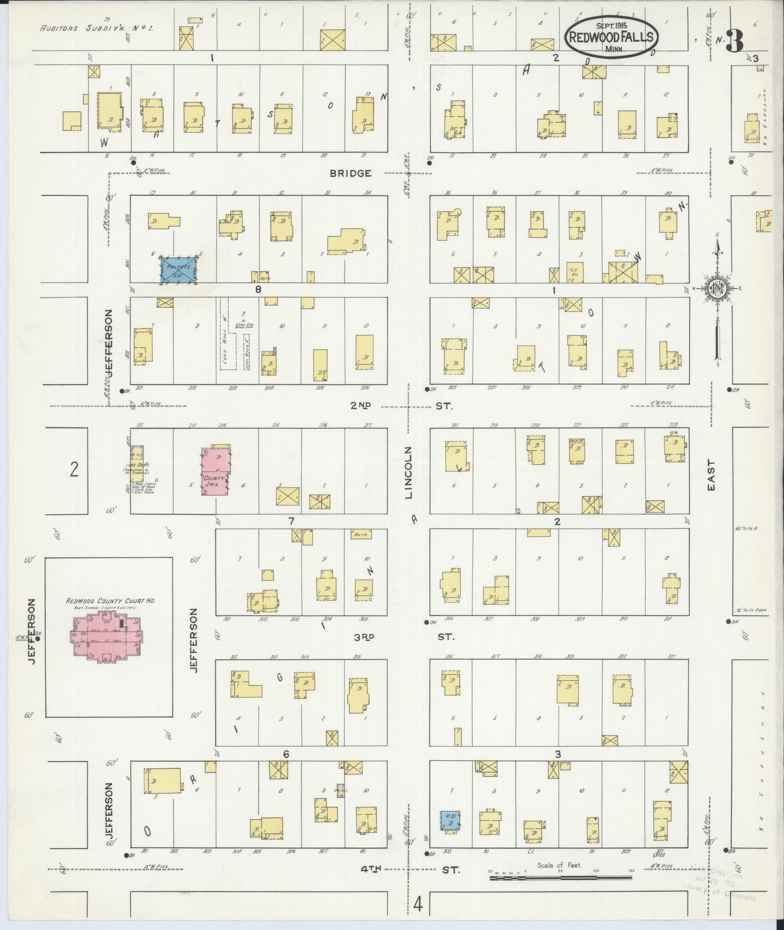 Sanborn Fire Insurance Map from Redwood Falls, Redwood County, Minnesota (1915), Sheet #0003 - Complete Map Set gallery image, historic Sanborn map, vintage wall art, Minnesota Minnesota