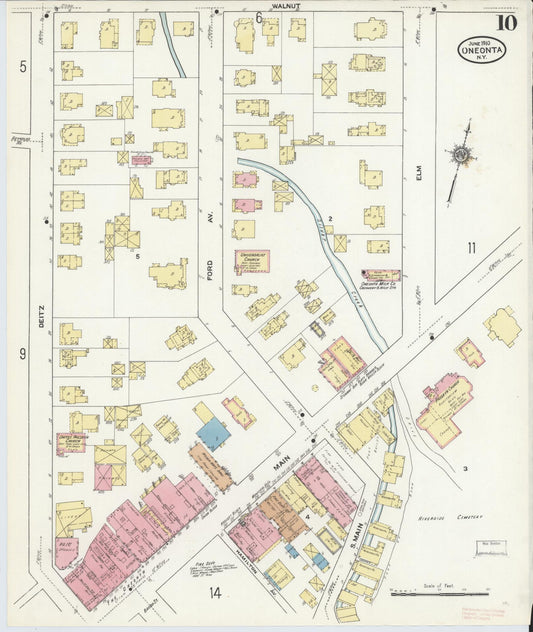 Sanborn Fire Insurance Map from Oneonta, Otsego County, New York (1910), Sheet #0010 - Historic Sanborn Fire Insurance Map Print, vintage old map wall art, antique decor, genealogy gift, New York New York map