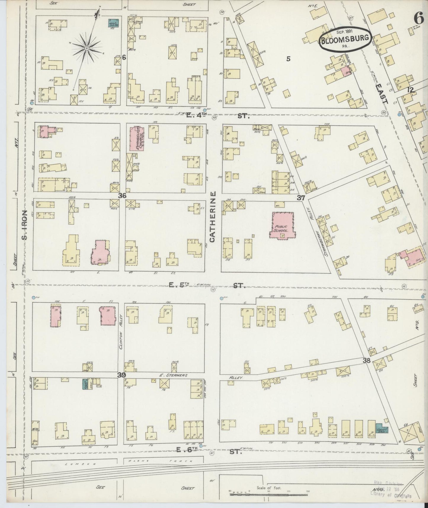 Sanborn Fire Insurance Map from Bloomsburg, Columbia County, Pennsylvania (1891), Sheet #0006 - Historic Sanborn Fire Insurance Map Print, vintage old map wall art, antique decor, genealogy gift, Pennsylvania Pennsylvania map