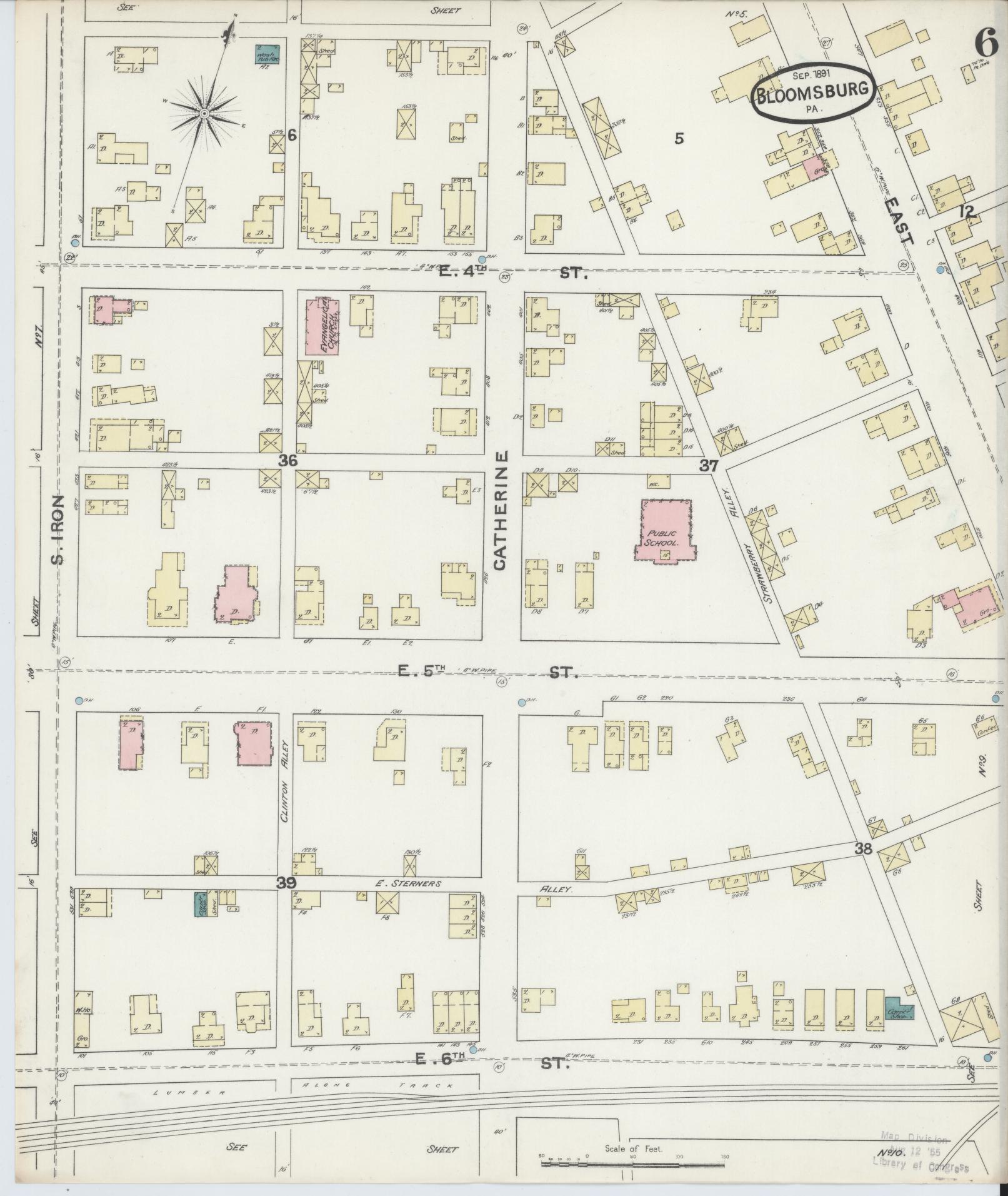 Sanborn Fire Insurance Map from Bloomsburg, Columbia County, Pennsylvania (1891), Sheet #0006 - Historic Sanborn Fire Insurance Map Print, vintage old map wall art, antique decor, genealogy gift, Pennsylvania Pennsylvania map