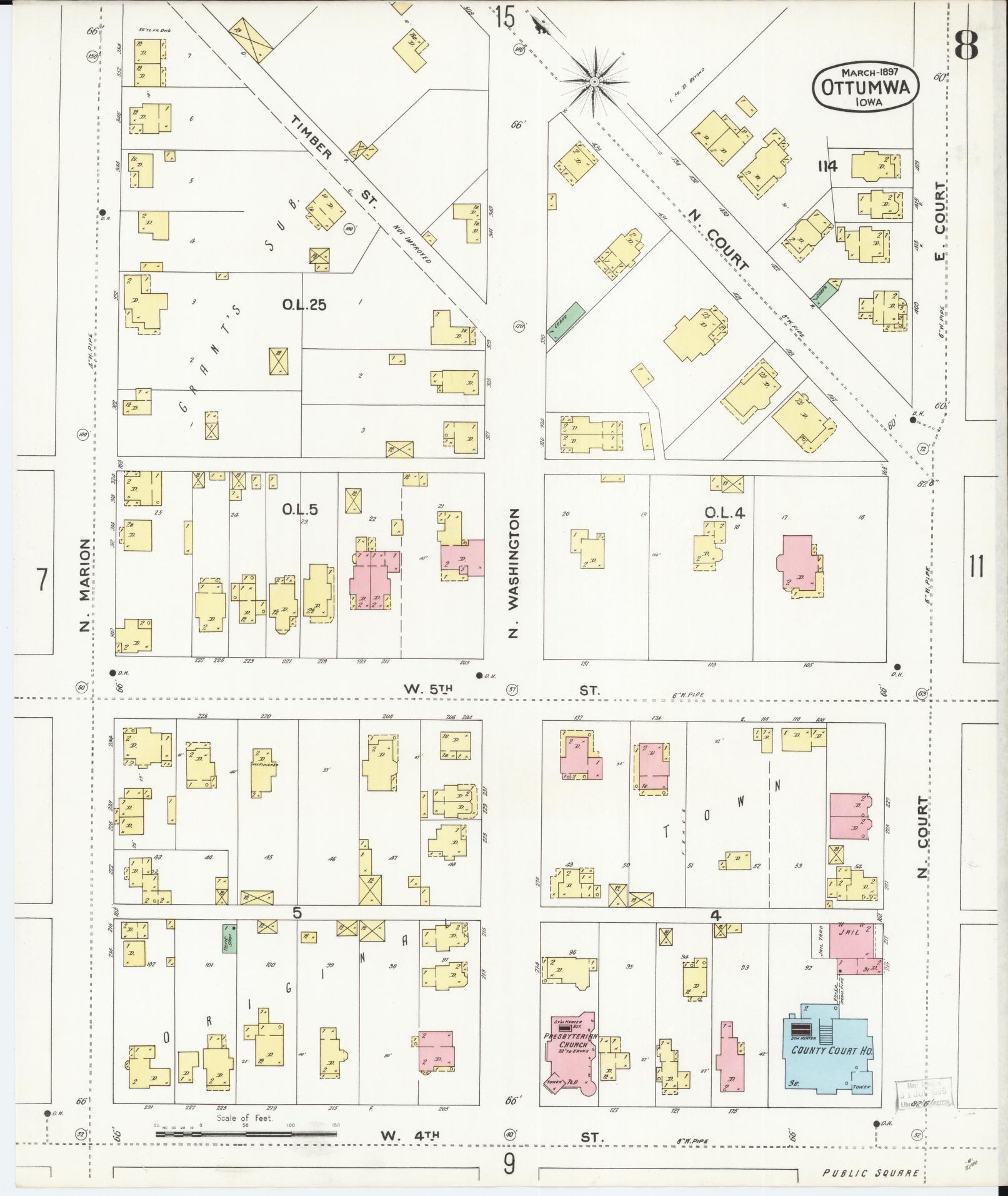 Sanborn Fire Insurance Map from Ottumwa, Wapello County, Iowa (1897), Sheet #0008 - Historic Sanborn Fire Insurance Map Print, vintage old map wall art