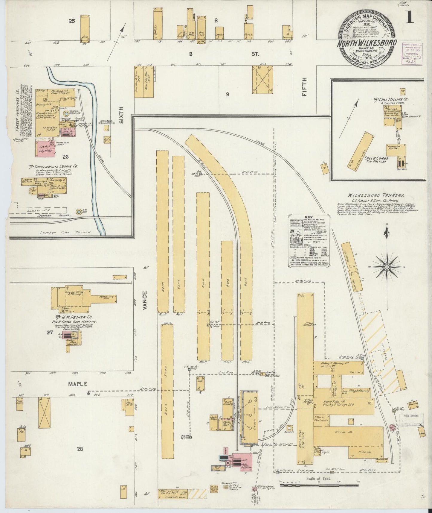Sanborn Fire Insurance Map from North Wilkesboro, Wilkes County, North Carolina (1904), Sheet #0001 - Historic Sanborn Fire Insurance Map Print, vintage old map wall art, antique decor, genealogy gift, North Carolina North Carolina map