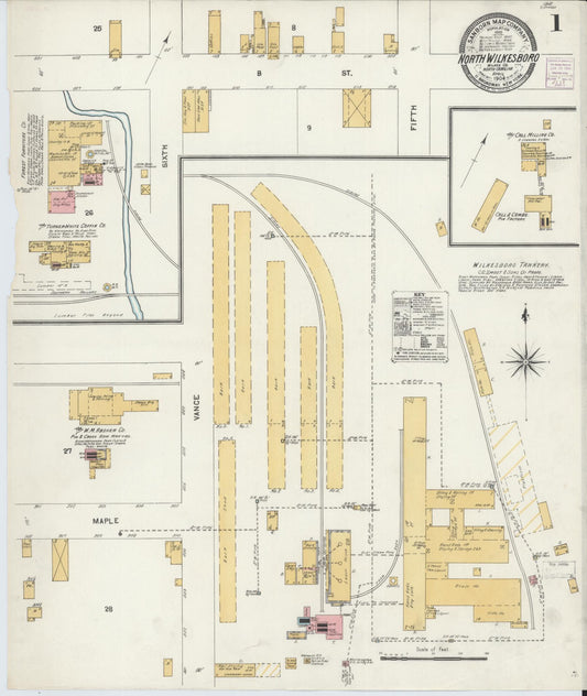 Sanborn Fire Insurance Map from North Wilkesboro, Wilkes County, North Carolina (1904), Sheet #0001 - Historic Sanborn Fire Insurance Map Print, vintage old map wall art, antique decor, genealogy gift, North Carolina North Carolina map