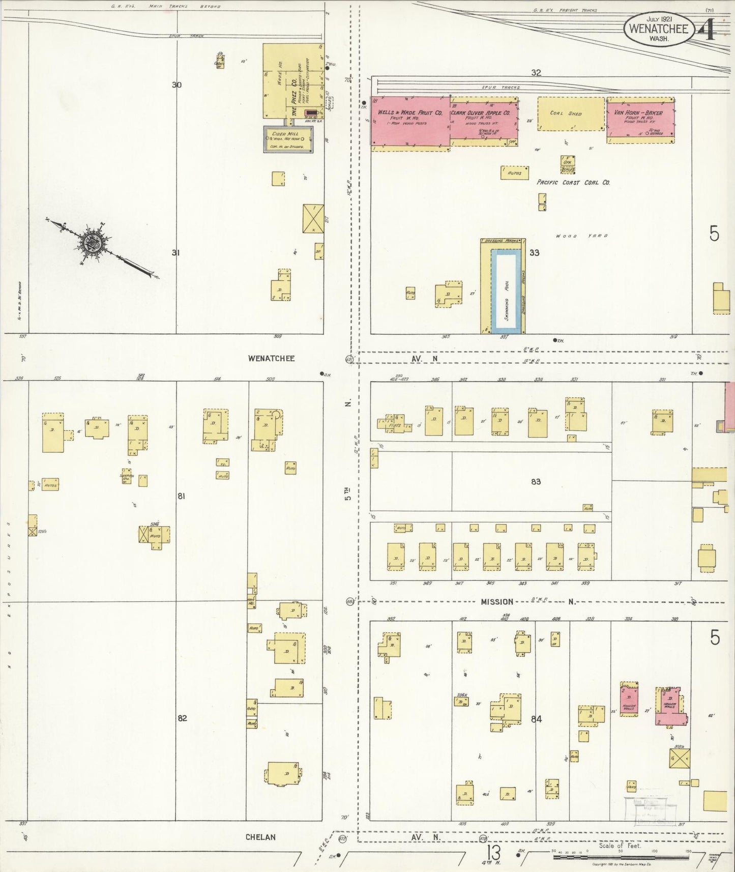 Sanborn Fire Insurance Map from Wenatchee, Chelan County, Washington (1921), Sheet #0004 - Complete Map Set gallery image, historic Sanborn map, vintage wall art, Washington Washington