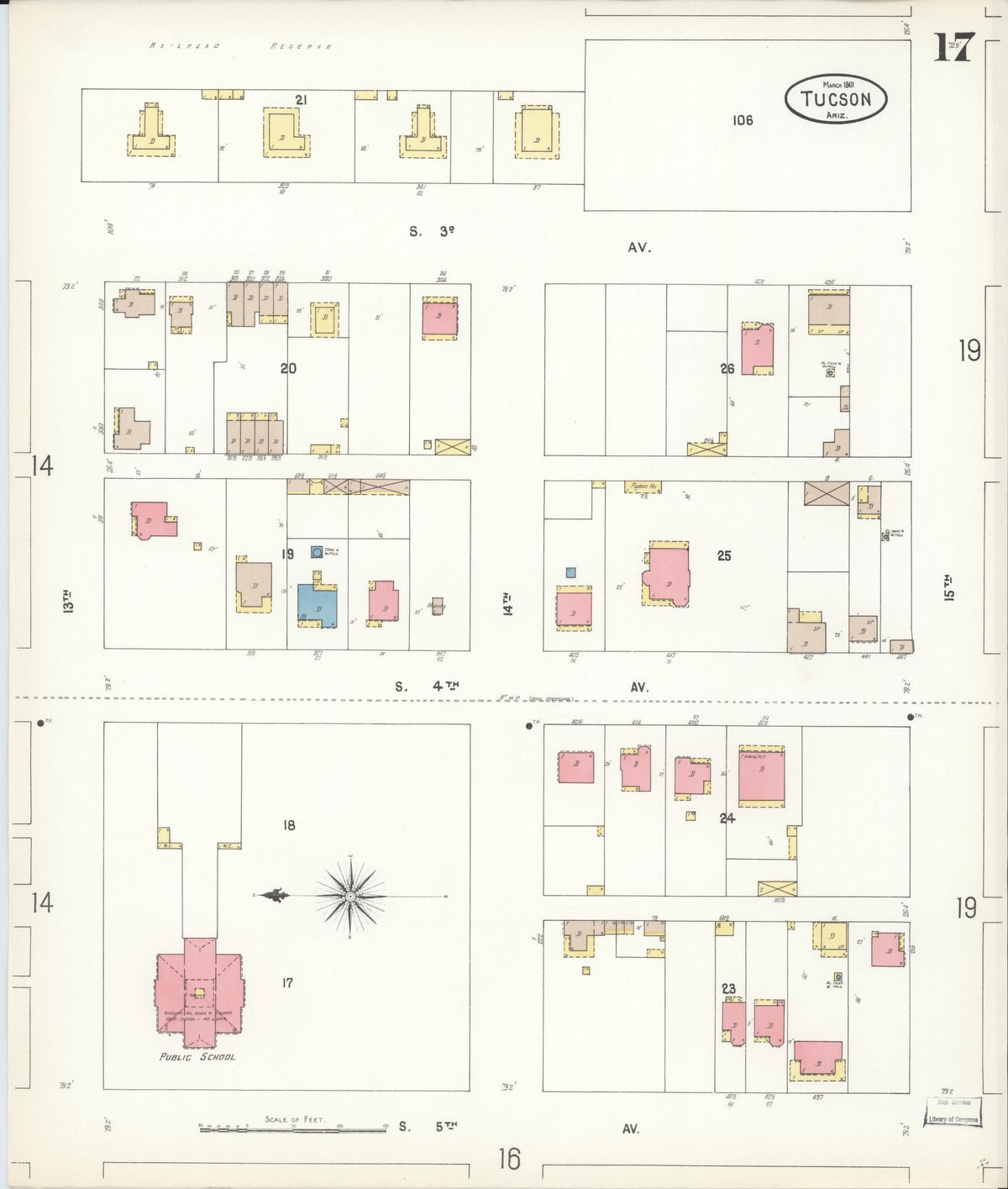Sanborn Fire Insurance Map from Tucson, Pima County, Arizona (1901), Sheet #0017 - Historic Sanborn Fire Insurance Map Print, vintage old map wall art, antique decor, genealogy gift, Arizona Arizona map