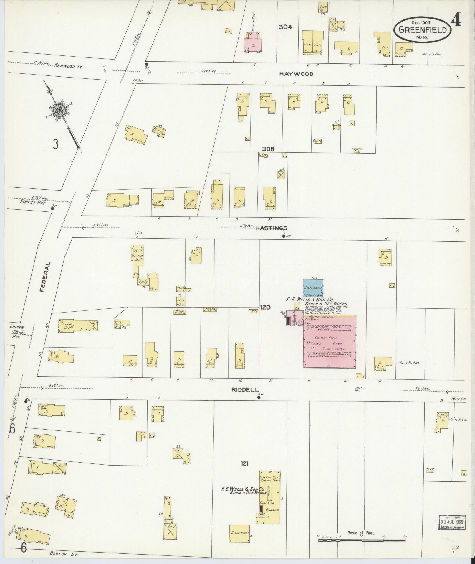 Sanborn Fire Insurance Map from Greenfield, Franklin County, Massachusetts (1909), Sheet #0004 - Complete Map Set gallery image, historic Sanborn map, vintage wall art, Massachusetts Massachusetts