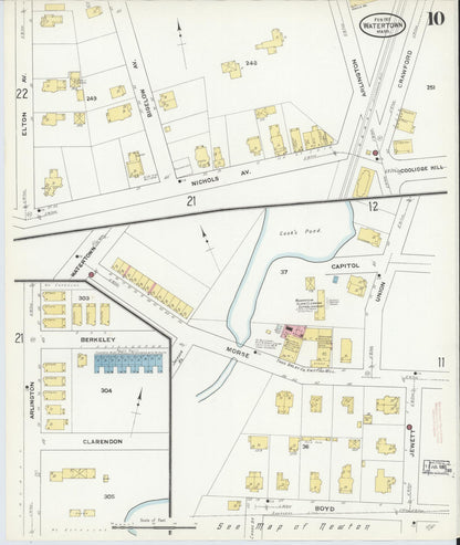 Sanborn Fire Insurance Map from Watertown, Middlesex County, Massachusetts (1911), Sheet #0010 - Historic Sanborn Fire Insurance Map Print, vintage old map wall art, antique decor, genealogy gift, Massachusetts Massachusetts map