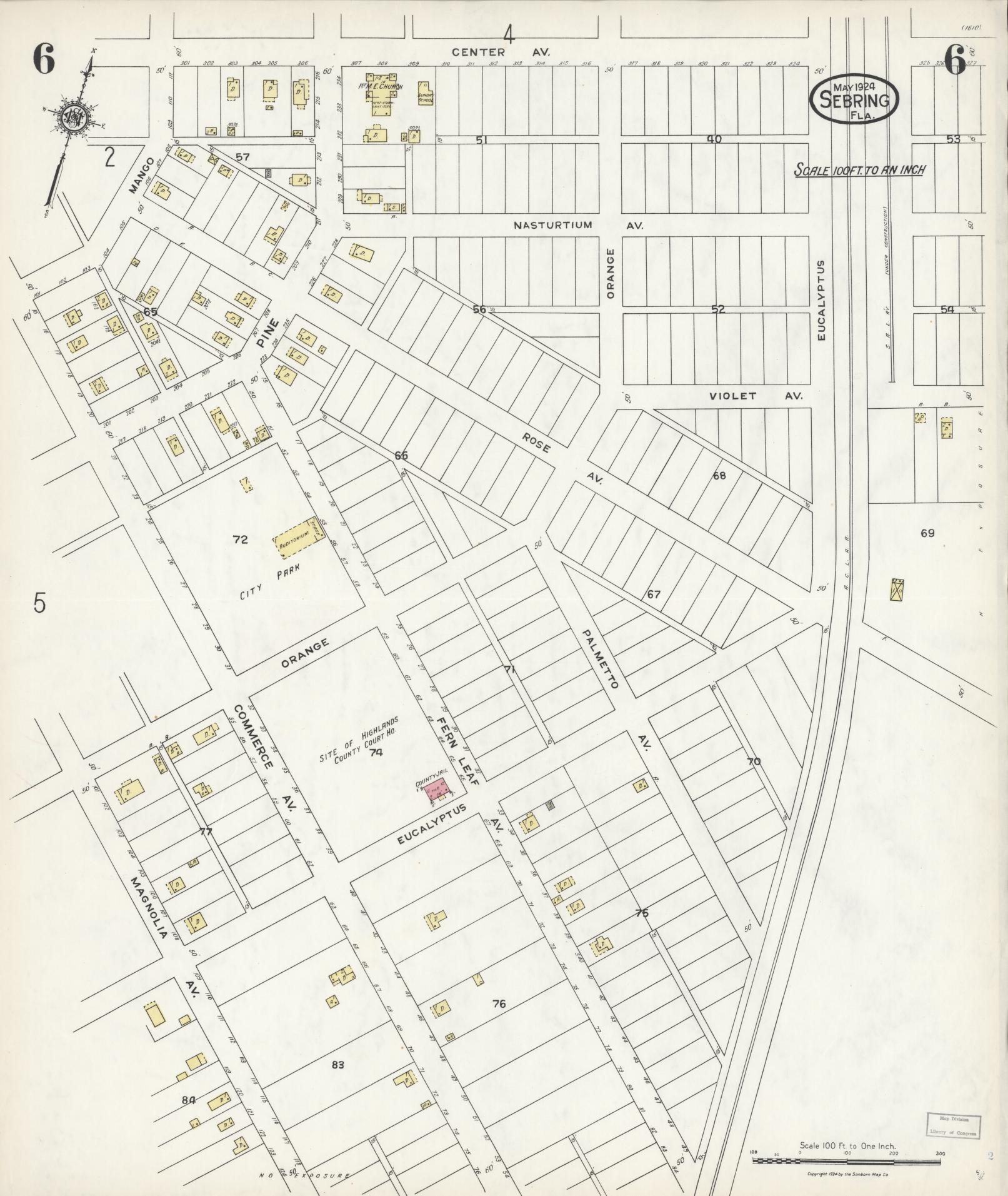 Sanborn Fire Insurance Map from Sebring, Highlands County, Florida (1924), Sheet #0006 - Historic Sanborn Fire Insurance Map Print, vintage old map wall art, antique decor, genealogy gift, Florida Florida map