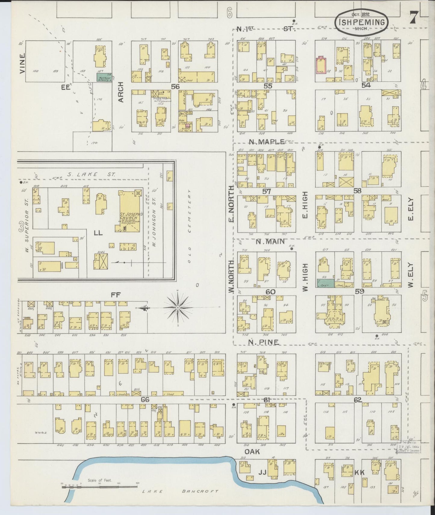 Sanborn Fire Insurance Map from Ishpeming, Marquette County, Michigan (1892), Sheet #0007 - Historic Sanborn Fire Insurance Map Print, vintage old map wall art, antique decor, genealogy gift, Michigan Michigan map