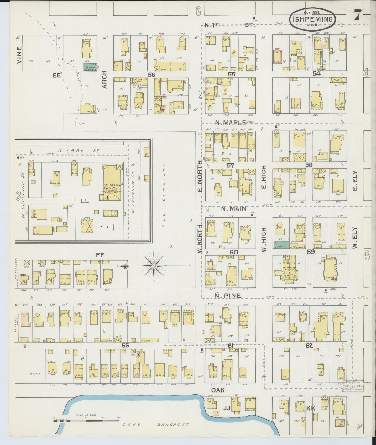Sanborn Fire Insurance Map from Ishpeming, Marquette County, Michigan (1892), Sheet #0007 - Historic Sanborn Fire Insurance Map Print, vintage old map wall art, antique decor, genealogy gift, Michigan Michigan map