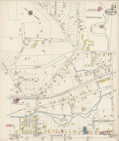 Sanborn Fire Insurance Map from Arlington, Middlesex County, Massachusetts (1922), Sheet #0024 - Historic Sanborn Fire Insurance Map Print, vintage old map wall art, antique decor, genealogy gift, Massachusetts Massachusetts map
