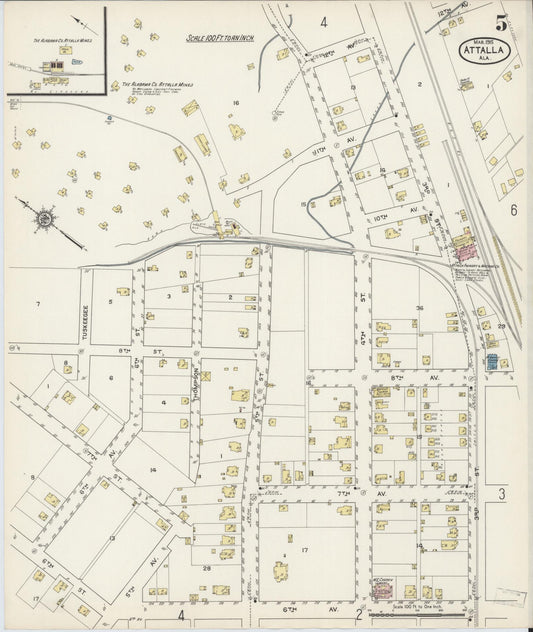 Sanborn Fire Insurance Map from Attalla, Etowah County, Alabama (1915), Sheet #0005 - Historic Sanborn Fire Insurance Map Print, vintage old map wall art, antique decor, genealogy gift, Alabama Alabama map