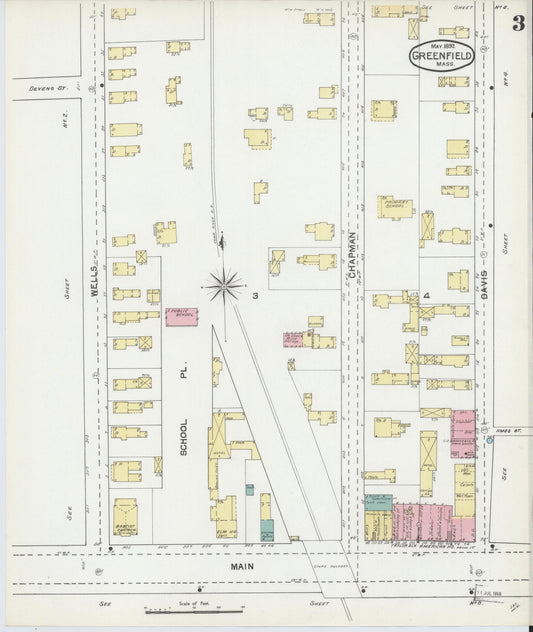 Sanborn Fire Insurance Map from Greenfield, Franklin County, Massachusetts (1892), Sheet #0003 - Historic Sanborn Fire Insurance Map Print, vintage old map wall art, antique decor, genealogy gift, Massachusetts Massachusetts map