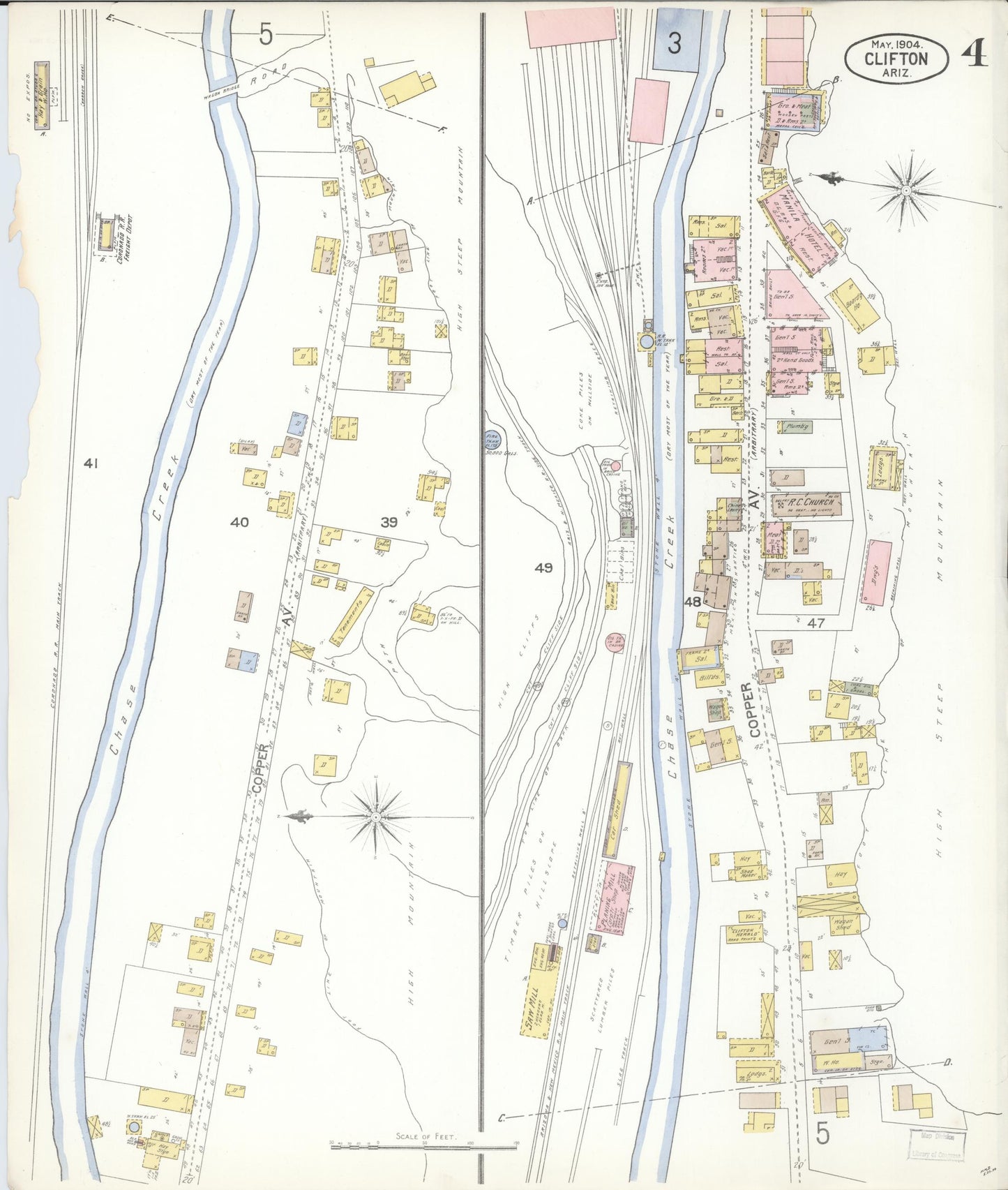 Sanborn Fire Insurance Map from Clifton, Greenlee County, Arizona (1904), Sheet #0004 - Historic Sanborn Fire Insurance Map Print, vintage old map wall art, antique decor, genealogy gift, Arizona Arizona map