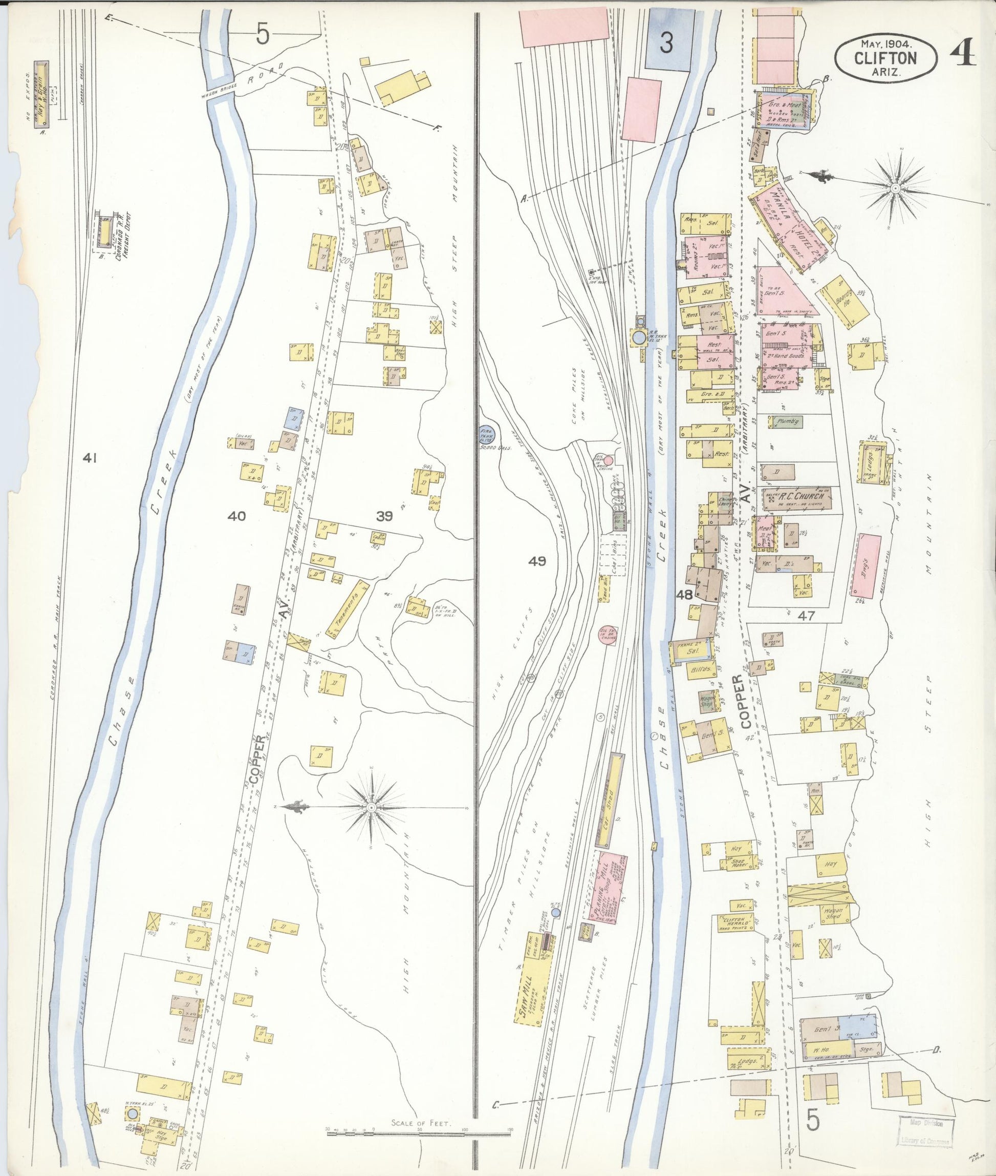 Sanborn Fire Insurance Map from Clifton, Greenlee County, Arizona (1904), Sheet #0004 - Historic Sanborn Fire Insurance Map Print, vintage old map wall art, antique decor, genealogy gift, Arizona Arizona map