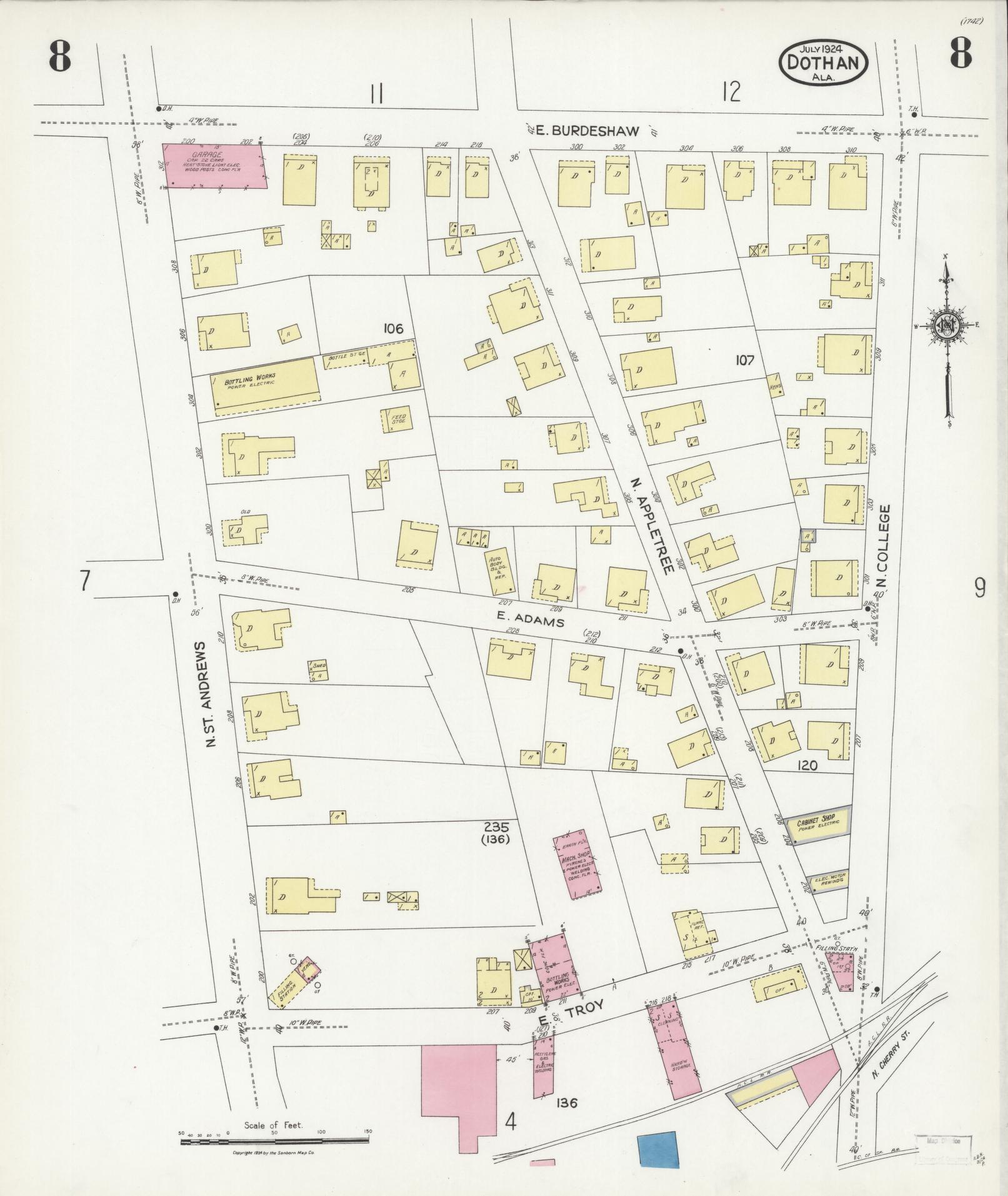 Sanborn Fire Insurance Map from Dothan, Houston County, Alabama (1924), Sheet #0008 - Historic Sanborn Fire Insurance Map Print, vintage old map wall art, antique decor, genealogy gift, Alabama Alabama map