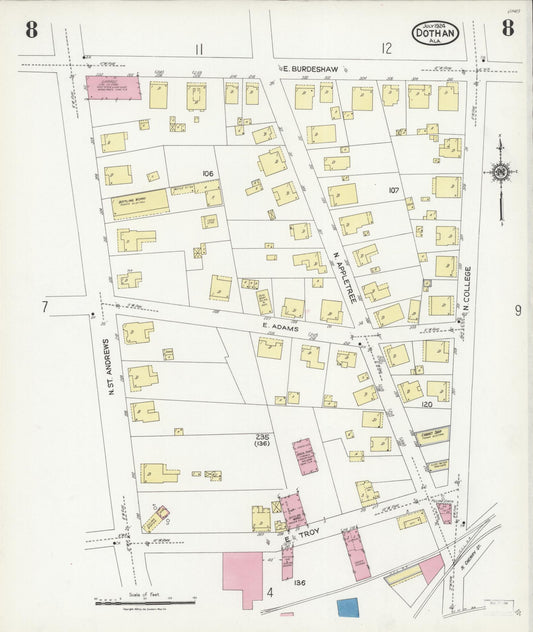 Sanborn Fire Insurance Map from Dothan, Houston County, Alabama (1924), Sheet #0008 - Historic Sanborn Fire Insurance Map Print, vintage old map wall art, antique decor, genealogy gift, Alabama Alabama map