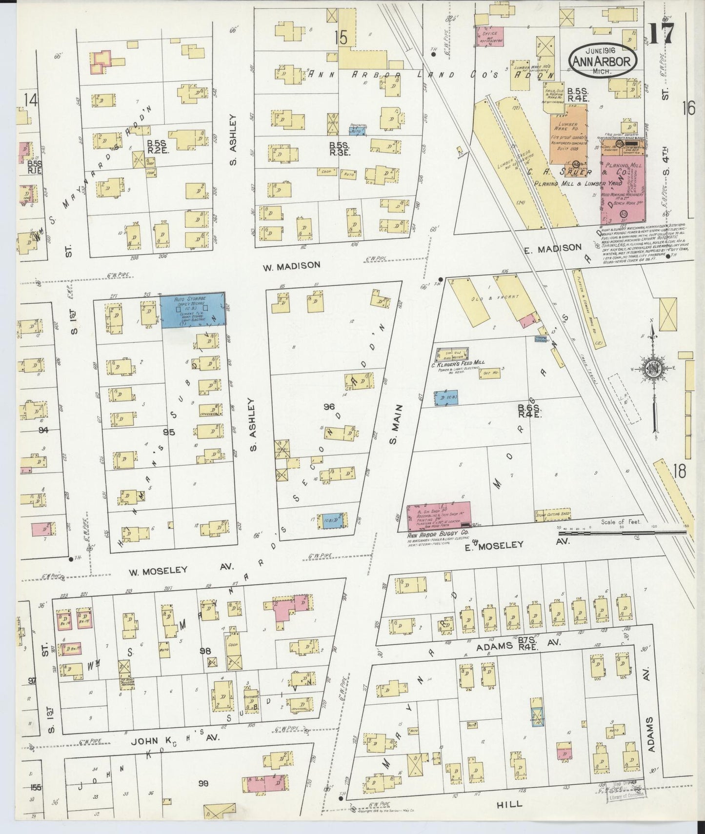 Sanborn Fire Insurance Map from Ann Arbor, Washtenaw County, Michigan (1916), Sheet #0017 - Complete Map Set gallery image, historic Sanborn map, vintage wall art, Michigan Michigan