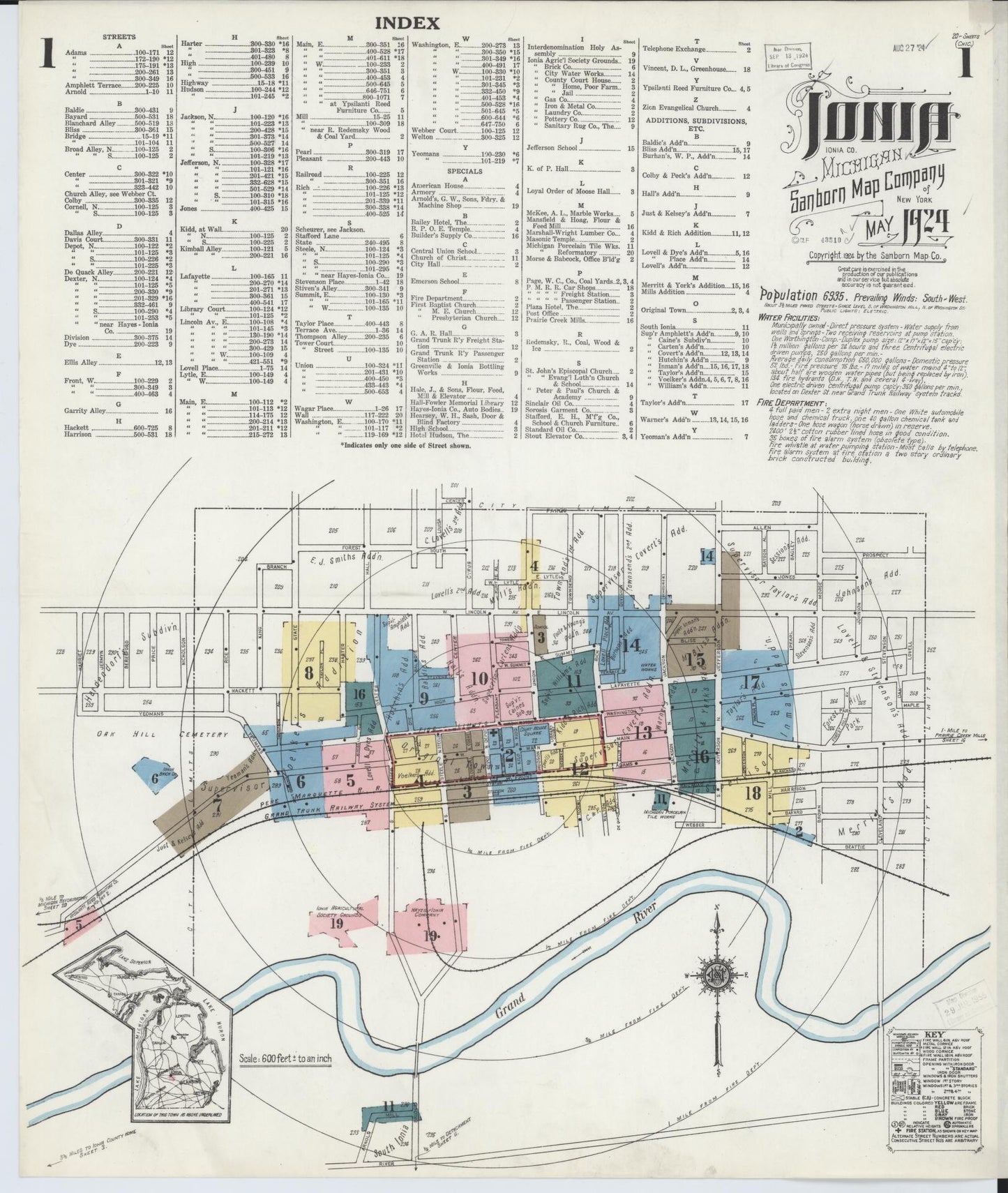 Sanborn Fire Insurance Map from Ionia, Ionia County, Michigan (1924), Sheet #0001 - Complete Map Set gallery image, historic Sanborn map, vintage wall art, Michigan Michigan