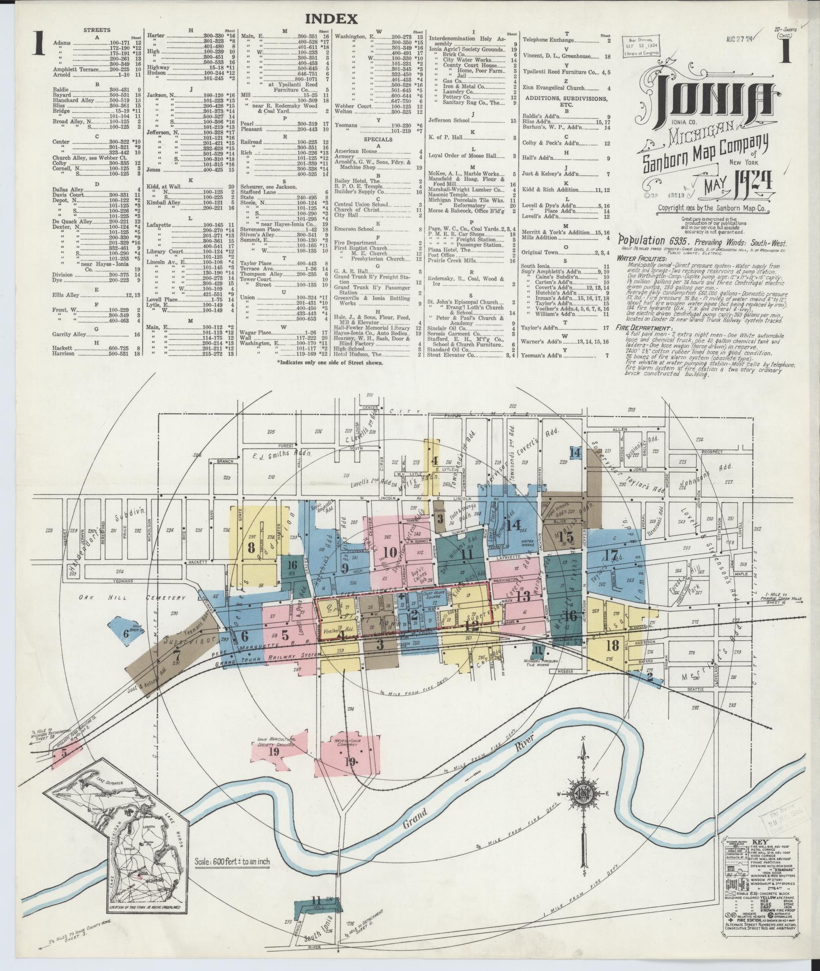 Sanborn Fire Insurance Map from Ionia, Ionia County, Michigan (1924), Sheet #0001 - Complete Map Set gallery image, historic Sanborn map, vintage wall art, Michigan Michigan