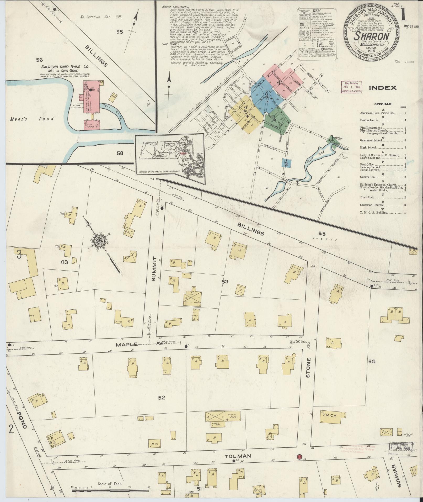 Sanborn Fire Insurance Map from Sharon, Norfolk County, Massachusetts (1916), Sheet #0001 - Complete Map Set gallery image, historic Sanborn map, vintage wall art, Massachusetts Massachusetts