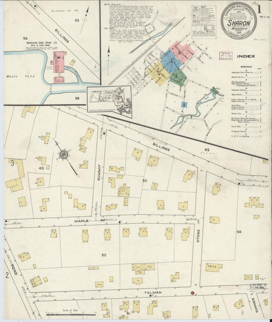 Sanborn Fire Insurance Map from Sharon, Norfolk County, Massachusetts (1916), Sheet #0001 - Complete Map Set gallery image, historic Sanborn map, vintage wall art, Massachusetts Massachusetts