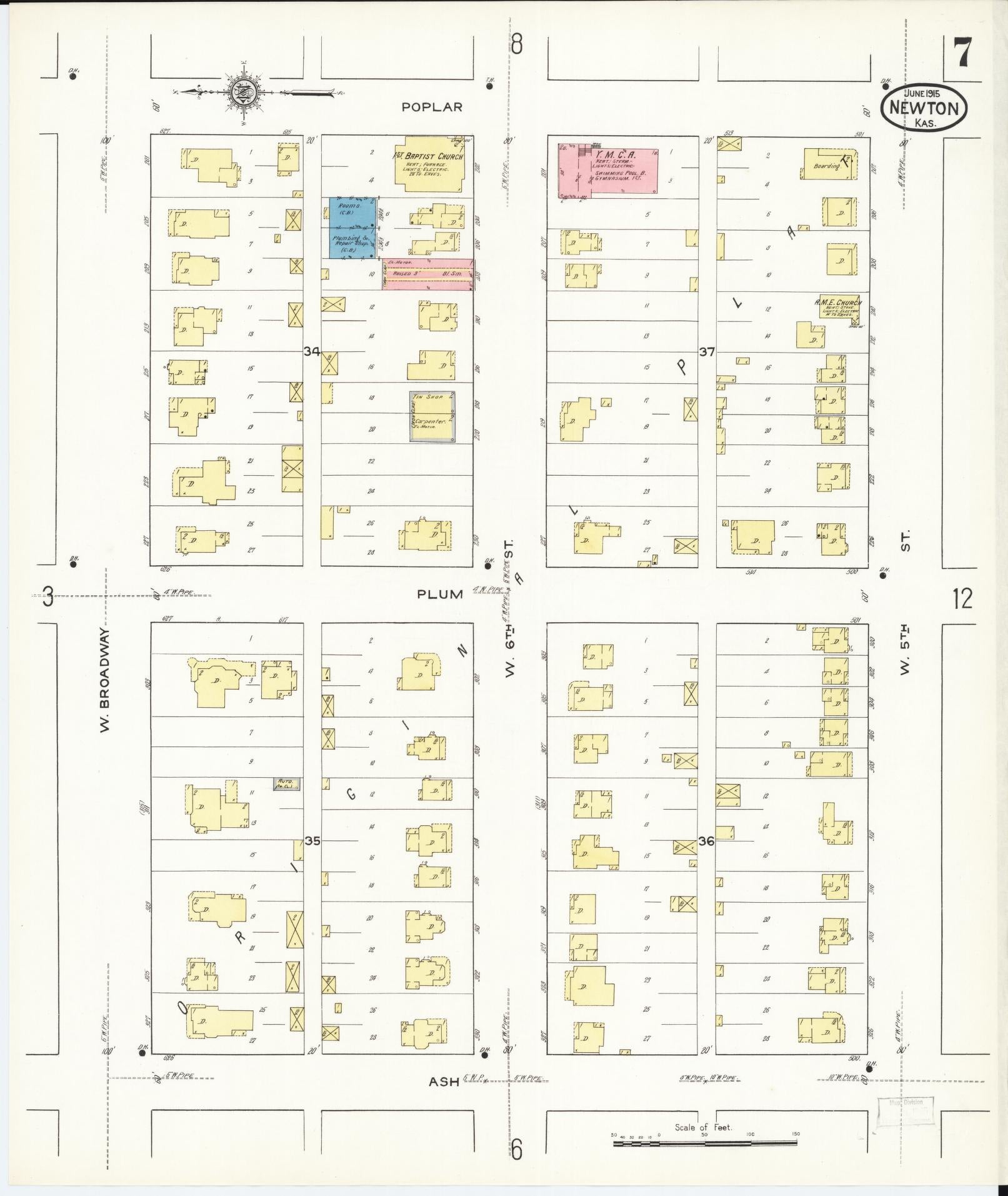 Sanborn Fire Insurance Map from Newton, Harvey County, Kansas (1915), Sheet #0007 - Historic Sanborn Fire Insurance Map Print, vintage old map wall art, antique decor, genealogy gift, Kansas Kansas map