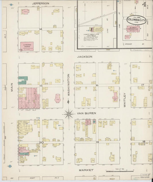 Sanborn Fire Insurance Map from Columbia City, Whitley County, Indiana (1886), Sheet #0004 - Historic Sanborn Fire Insurance Map Print, vintage old map wall art, antique decor, genealogy gift, Indiana Indiana map
