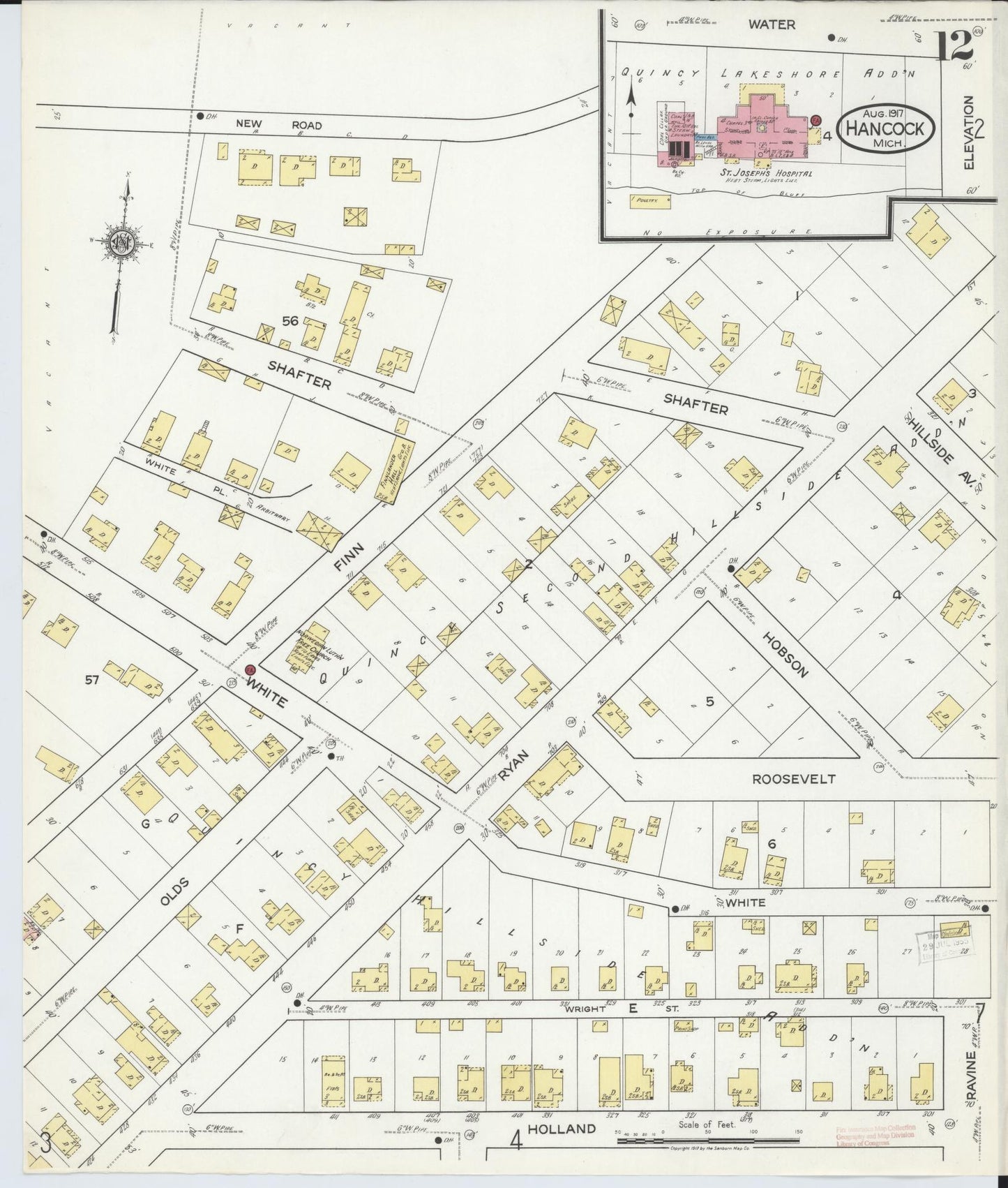 Sanborn Fire Insurance Map from Hancock, Houghton County, Michigan (1917), Sheet #0012 - Historic Sanborn Fire Insurance Map Print, vintage old map wall art, antique decor, genealogy gift, Michigan Michigan map