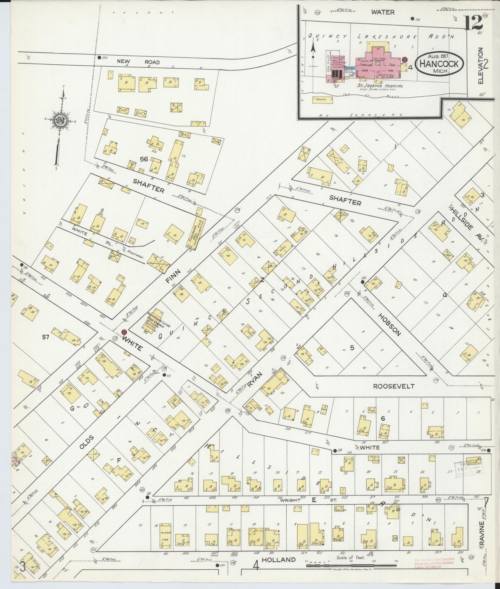 Sanborn Fire Insurance Map from Hancock, Houghton County, Michigan (1917), Sheet #0012 - Historic Sanborn Fire Insurance Map Print, vintage old map wall art, antique decor, genealogy gift, Michigan Michigan map