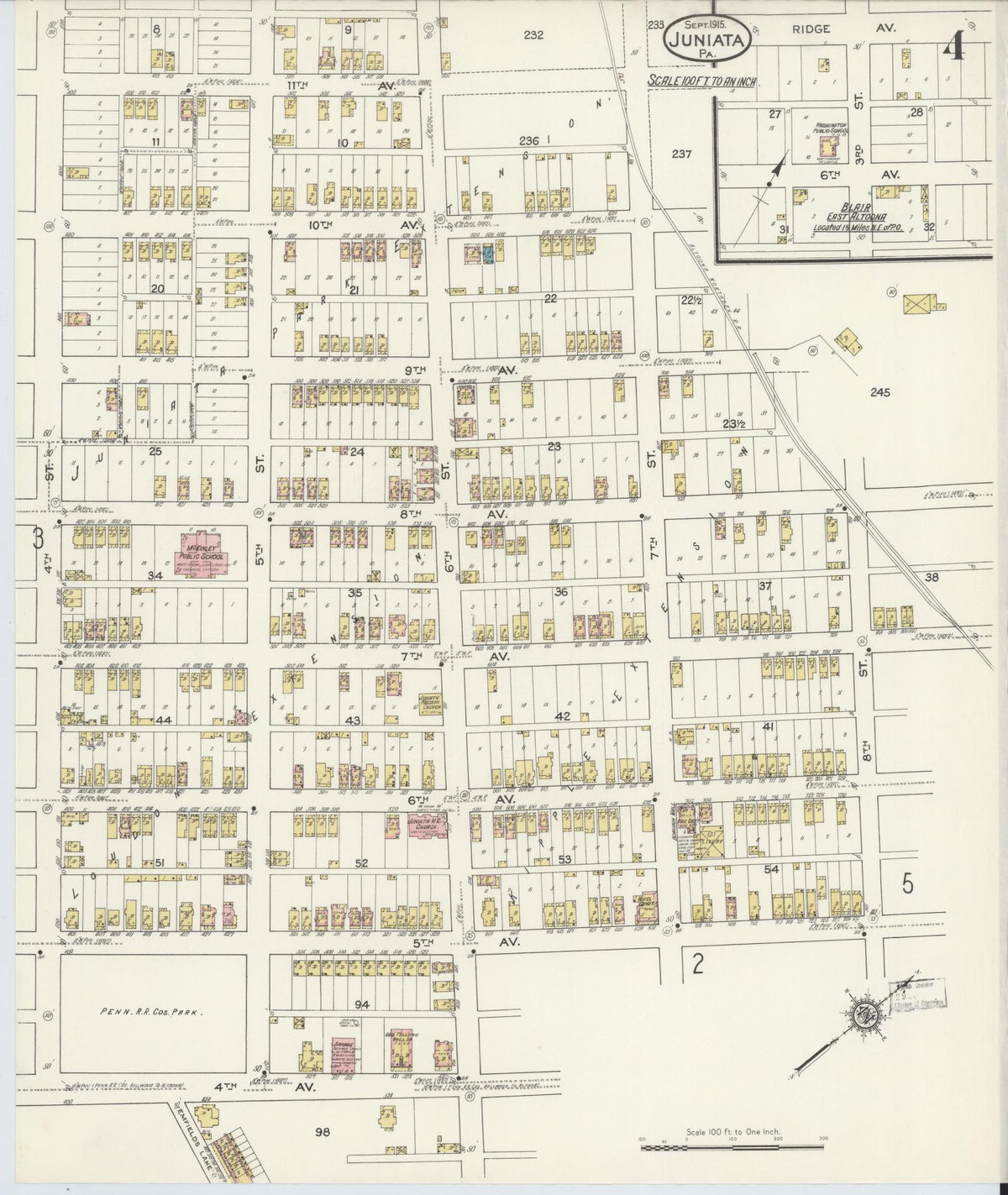 Sanborn Fire Insurance Map from Juniata, Blair County, Pennsylvania (1915), Sheet #0004 - Historic Sanborn Fire Insurance Map Print, vintage old map wall art, antique decor, genealogy gift, Pennsylvania Pennsylvania map