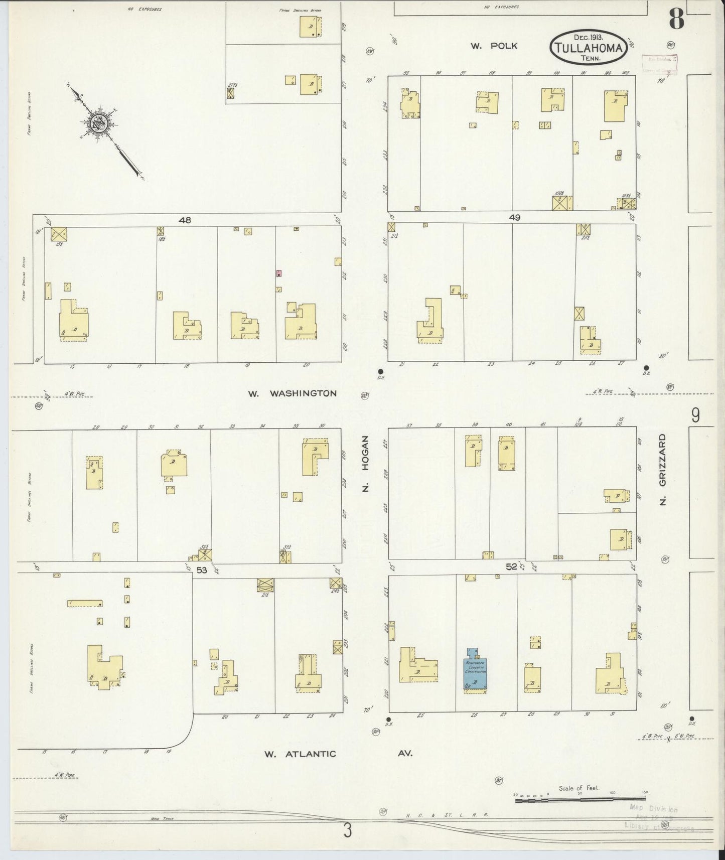 Sanborn Fire Insurance Map from Tullahoma, Coffee County, Tennessee (1913), Sheet #0008 - Complete Map Set gallery image, historic Sanborn map, vintage wall art, Tennessee Tennessee