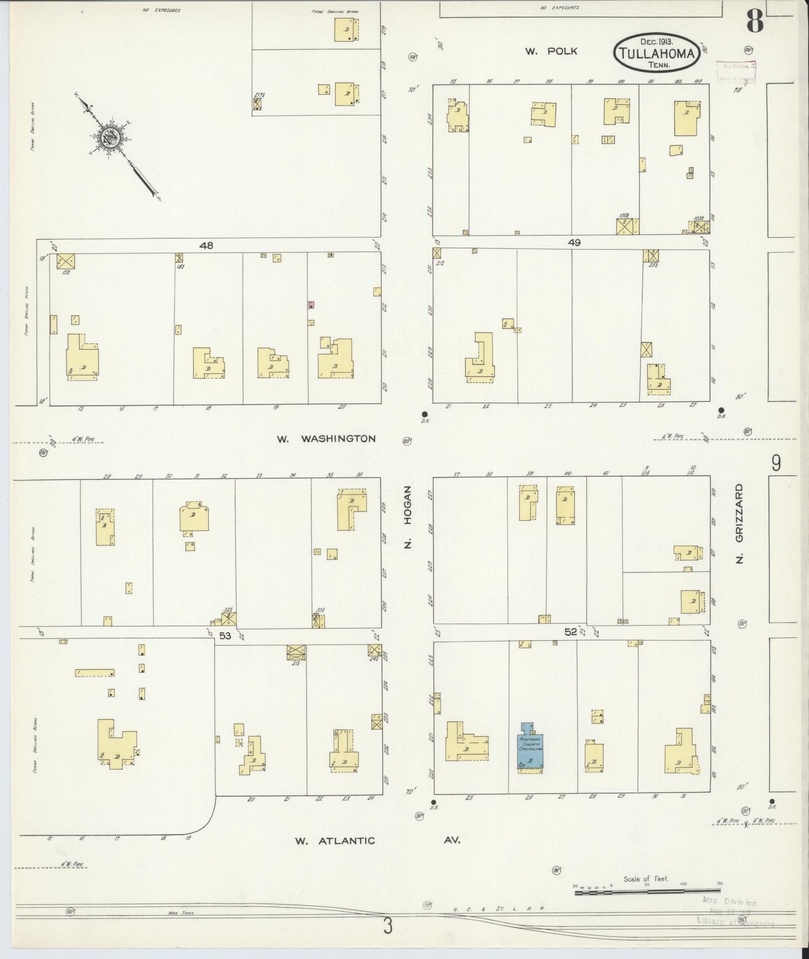 Sanborn Fire Insurance Map from Tullahoma, Coffee County, Tennessee (1913), Sheet #0008 - Complete Map Set gallery image, historic Sanborn map, vintage wall art, Tennessee Tennessee