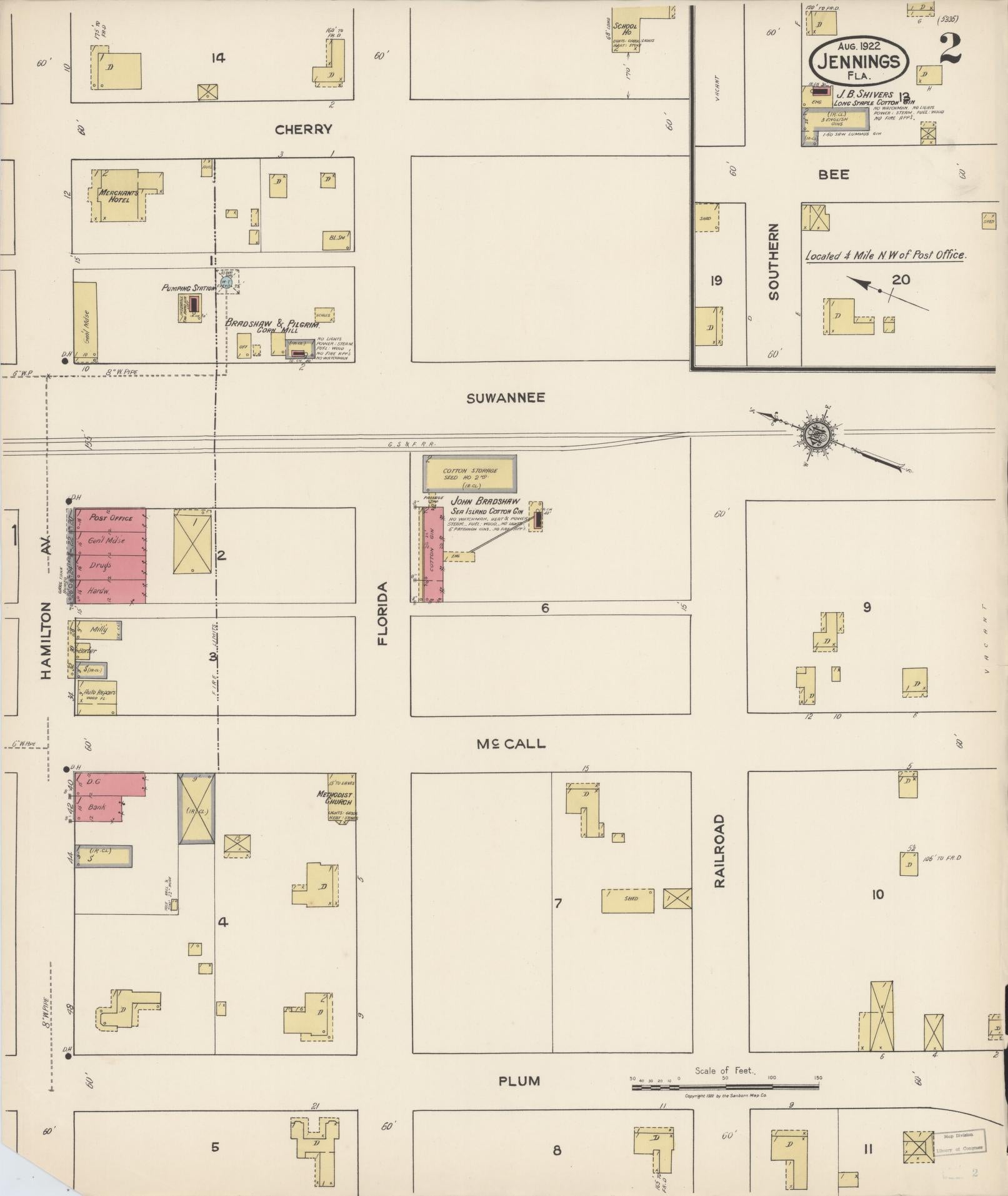 Sanborn Fire Insurance Map from Jennings, Hamilton County, Florida (1922), Sheet #0002 - Complete Map Set gallery image, historic Sanborn map, vintage wall art, Florida Florida