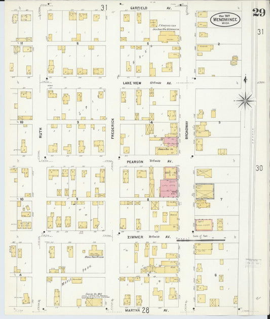 Sanborn Fire Insurance Map from Menominee, Menominee County, Michigan (1907), Sheet #0029 - Historic Sanborn Fire Insurance Map Print, vintage old map wall art, antique decor, genealogy gift, Michigan Michigan map