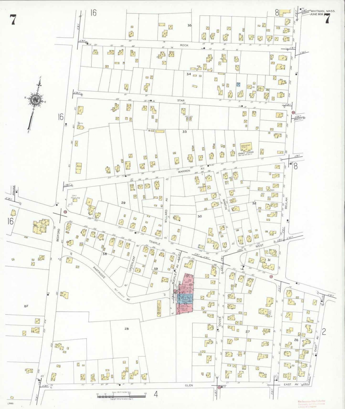 Sanborn Fire Insurance Map from Whitman, Plymouth County, Massachusetts (1939), Sheet #0007 - Historic Sanborn Fire Insurance Map Print, vintage old map wall art, antique decor, genealogy gift, Massachusetts Massachusetts map