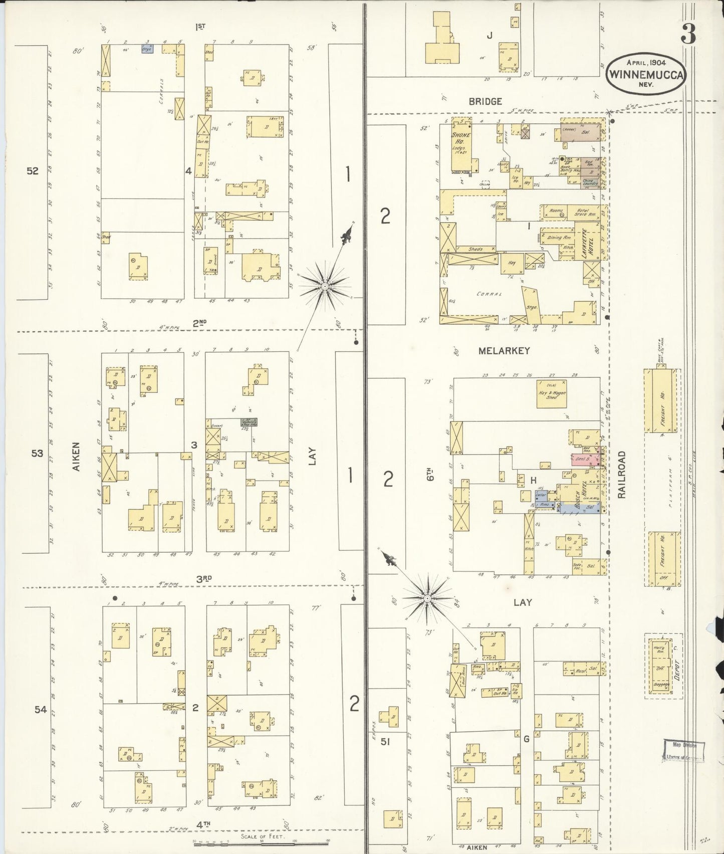 Sanborn Fire Insurance Map from Winnemucca, Humboldt County, Nevada (1904), Sheet #0003 - Historic Sanborn Fire Insurance Map Print, vintage old map wall art, antique decor, genealogy gift, Nevada Nevada map