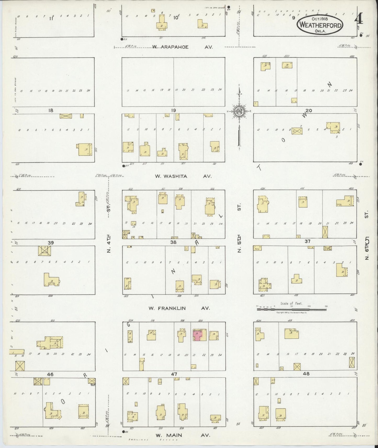 Sanborn Fire Insurance Map from Weatherford, Custer County, Oklahoma (1918), Sheet #0004 - Complete Map Set gallery image, historic Sanborn map, vintage wall art, Oklahoma Oklahoma