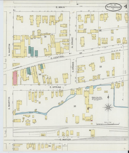 Sanborn Fire Insurance Map from Titusville, Crawford County, Pennsylvania (1893), Sheet #0004 - Historic Sanborn Fire Insurance Map Print, vintage old map wall art, antique decor, genealogy gift, Pennsylvania Pennsylvania map