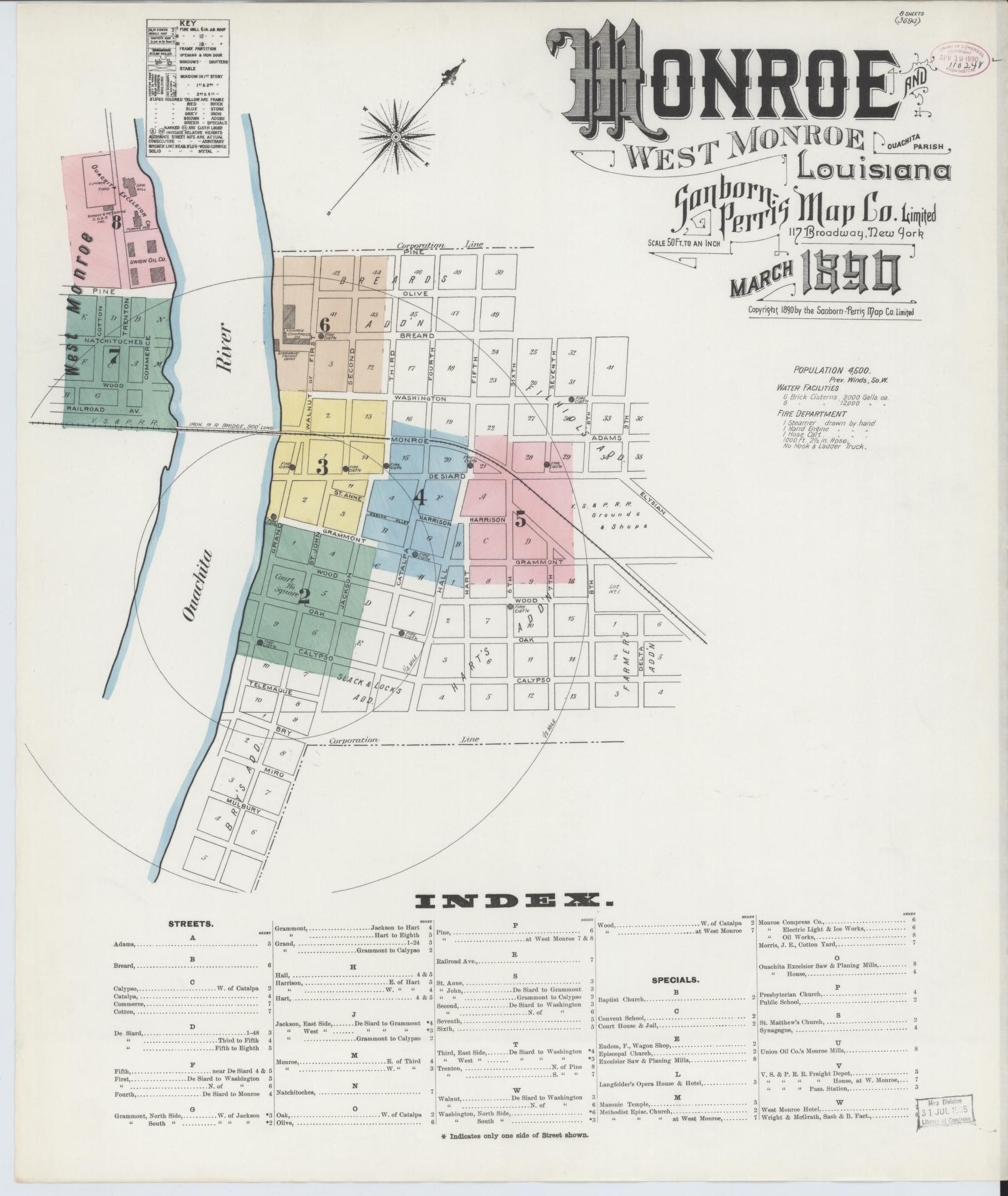 Sanborn Fire Insurance Map from Monroe, Ouachita Parish, Louisiana (1890), Sheet #0001 - Historic Sanborn Fire Insurance Map Print, vintage old map wall art, antique decor, genealogy gift, Louisiana Louisiana map