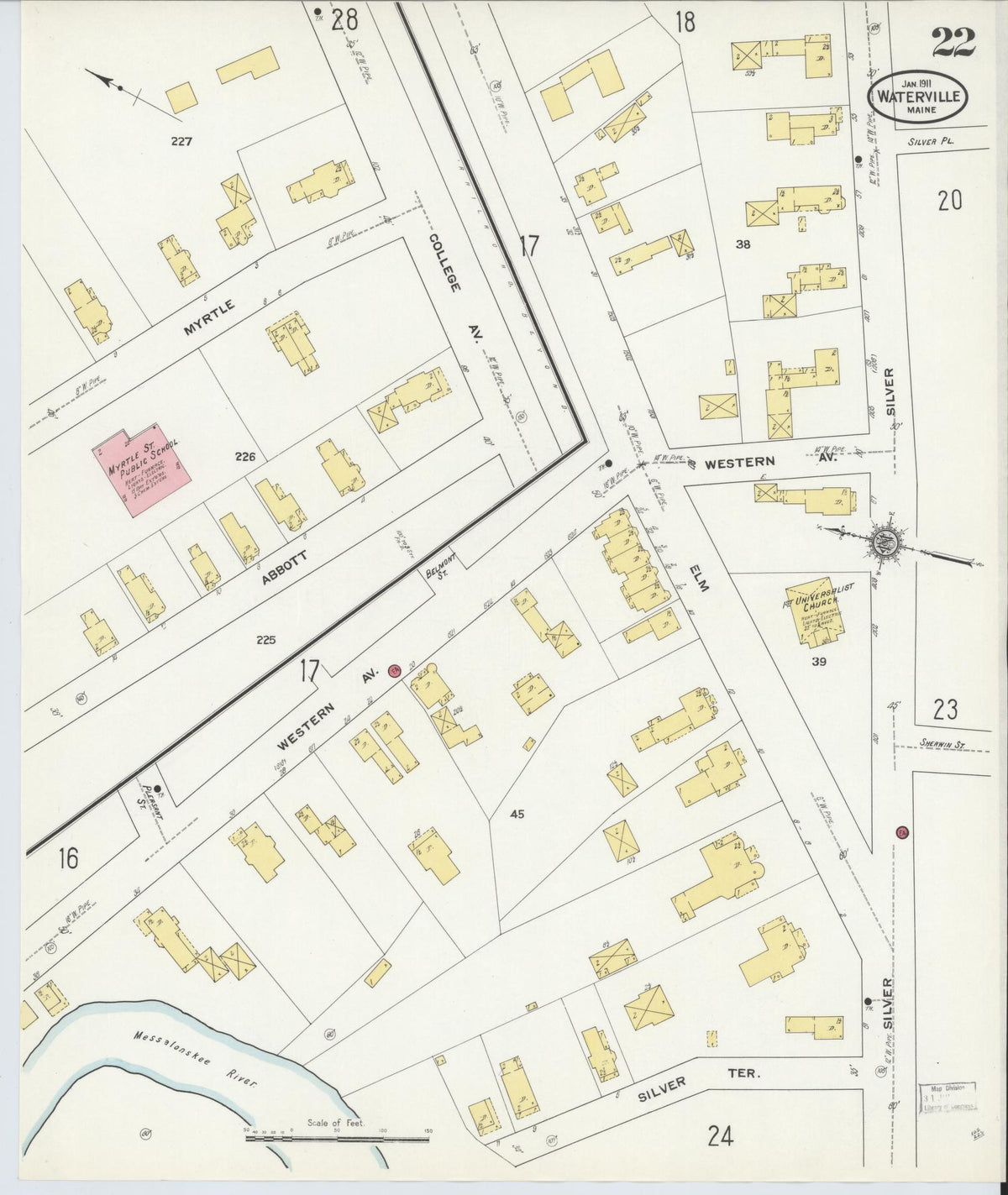 Sanborn Fire Insurance Map from Waterville, Kennebec County, Maine (1911), Sheet #0022 - Historic Sanborn Fire Insurance Map Print, vintage old map wall art, antique decor, genealogy gift, Maine Maine map