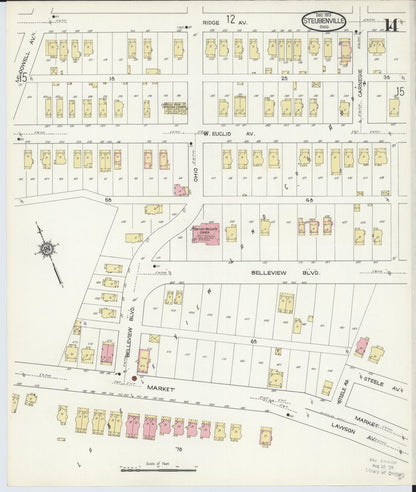 Sanborn Fire Insurance Map from Steubenville, Jefferson County, Ohio (1913), Sheet #0014 - Historic Sanborn Fire Insurance Map Print, vintage old map wall art, antique decor, genealogy gift, Ohio Ohio map